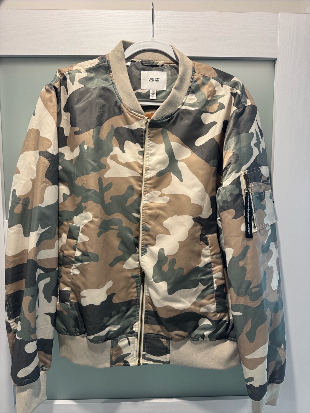WESC Men’s Camo Bomber Jacket in Green/Tan